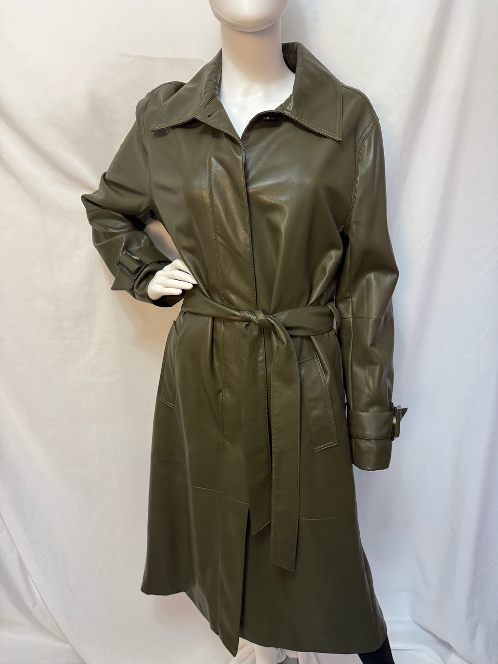 Worthington Providence Olive Green Faux Leather Belted Trench Coat